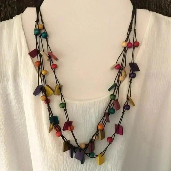 Gorgeous Handmade Multicolor Square & Ball Wooden Beaded Statement Necklace NWT - Picture 1 of 4
